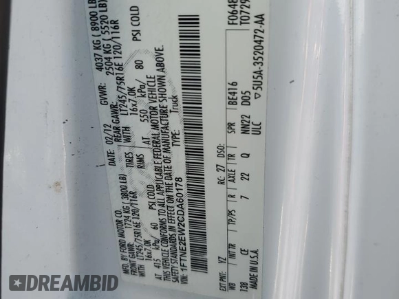 2012 Ford Econoline Cargo Recreational with VIN 1FTNE2EW2CDA60178, listed as a Copart auction lot 44402045 with Not Provided miles and Salvage Title. Bid and sale history available at carsss.com. Image 12.