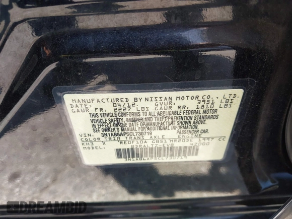 2012 Nissan Sentra SR with VIN 3N1AB6AP5CL730719, listed as a IAAI auction lot 42459570 with 130,789 mi miles and . Bid and sale history available at DreamBid. Image 9.