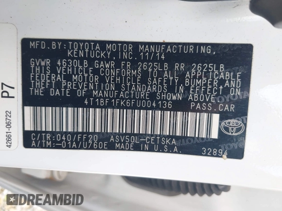 2015 Toyota Camry XLE with VIN 4T1BF1FK6FU004136, listed as a IAAI auction lot 42176871 with 193,553 mi miles and . Bid and sale history available at DreamBid. Image 9.