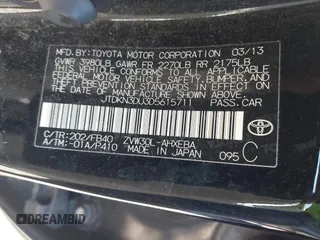 2013 Toyota Prius One with VIN JTDKN3DU3D5615711, listed as a IAAI auction lot 42119419 with 222,734 mi miles. Bid and sale history available at carsss.com. Image 9.