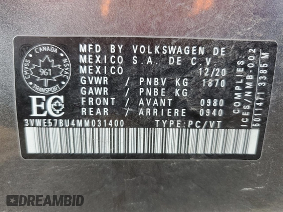 2021 Volkswagen Jetta SEL with VIN 3VWE57BU4MM031400, listed as a Copart auction lot 78274914 with 32,482 mi miles and Salvage title. Bid and sale history available at DreamBid. Image 12.