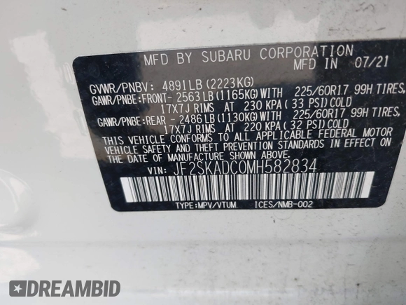 2021 Subaru Forester with VIN JF2SKADC0MH582834, listed as a IAAI auction lot 41462534 with 19,156 mi miles. Bid and sale history available at carsss.com. Image 9.