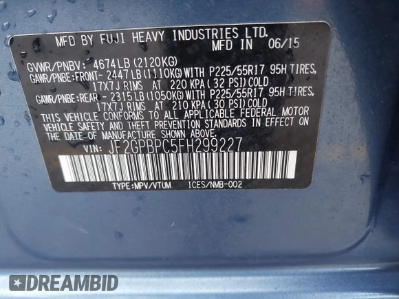 2015 Subaru Crosstrek Touring with VIN JF2GPBPC5FH299227, listed as a IAAI auction lot 41974814 with 45,464 mi miles and . Bid and sale history available at DreamBid. Image 9.