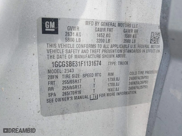 2015 Chevrolet Colorado 2WD LT with VIN 1GCGSBE31F1131674, listed as a IAAI auction lot 41431116 with NaN miles. Bid and sale history available at carsss.com. Image 9.