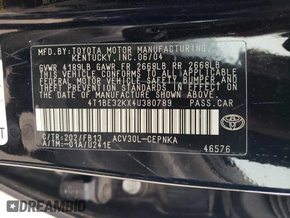 2004 Toyota Camry LE z VIN 4T1BE32KX4U380789, wystawiony jako Copart lot #57142645 z przebiegiem 226 106 mil mil oraz Szkoda całkowita • Salvage title. Historia ofert i sprzedaży dostępna na DreamBid. Obrazek 12.
