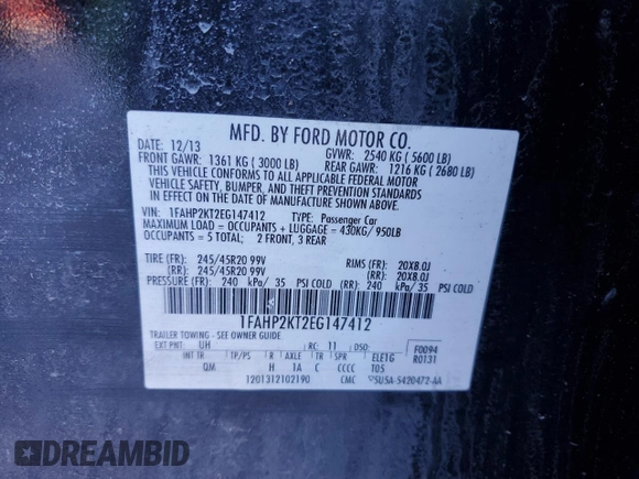 2014 Ford Taurus SHO with VIN 1FAHP2KT2EG147412, listed as a Copart auction lot 44856325 with 120,844 mi miles and Clean Title. Bid and sale history available at carsss.com. Image 12.