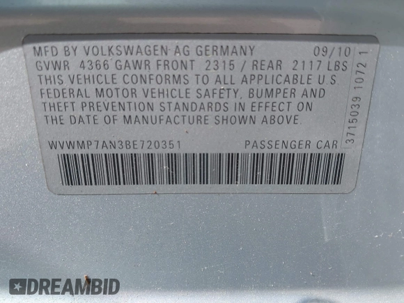 2011 Volkswagen CC Sport with VIN WVWMP7AN3BE720351, listed as a IAAI auction lot 42246532 with 123,111 mi miles and . Bid and sale history available at DreamBid. Image 9.