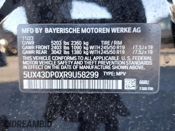2024 BMW X3 sDrive30i with VIN 5UX43DP0XR9U58299, listed as a Copart auction lot 47617185 with 9,385 mi miles and Salvage Title. Bid and sale history available at DreamBid. Image 13.