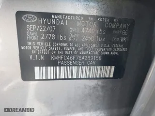 2008 Hyundai Azera Limited with VIN KMHFC46F78A289156, listed as a IAAI auction lot 41689709 with 192,480 mi miles. Bid and sale history available at carsss.com. Image 9.