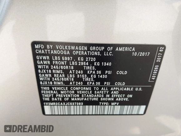 2018 Volkswagen Atlas SEL with VIN 1V2MR2CAXJC537383, listed as a IAAI auction lot 42353413 with 121,626 mi miles and . Bid and sale history available at DreamBid. Image 9.