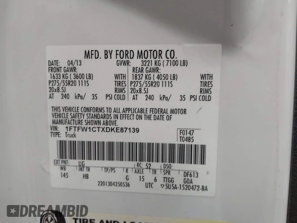 2013 Ford F-150 XL with VIN 1FTFW1CTXDKE87139, listed as a IAAI auction lot 41857584 with 156,837 mi miles and . Bid and sale history available at carsss.com. Image 9.