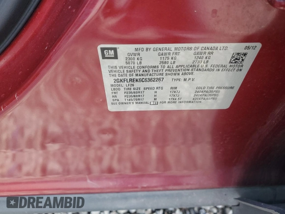 2012 GMC Terrain SLE-1 with VIN 2GKFLREK6C6362267, listed as a Copart auction lot 48043185 with 47,436 mi miles and Salvage Title. Bid and sale history available at DreamBid. Image 13.