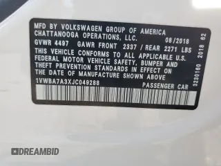 2018 Volkswagen Passat SE с VIN 1VWBA7A3XJC049288, выставлен на аукционе Copart как лот 53351575 с пробегом 94 808 миль миль и Списание • Salvage title. История ставок и продаж доступна на DreamBid. Изображение 13.