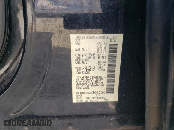2013 Nissan Titan SL with VIN 1N6BA0EDXDN302256, listed as a Copart auction lot 72948244 with 187,853 mi miles and Salvage Title. Bid and sale history available at carsss.com. Image 12.