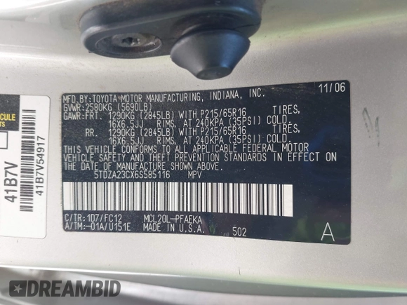2006 Toyota Sienna CE with VIN 5TDZA23CX6S585116, listed as a IAAI auction lot 42024528 with 244,067 mi miles. Bid and sale history available at carsss.com. Image 9.