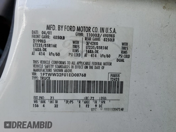 2001 Ford F-350 XL z VIN 1FTWW32F01ED08768, wystawiony jako Copart lot #62873634 z przebiegiem 317 184 mil mil oraz Szkoda całkowita • Salvage title. Historia ofert i sprzedaży dostępna na DreamBid. Obrazek 12.