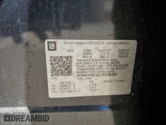 2018 Chevrolet Equinox LT with VIN 2GNAXSEV2J6346387, listed as a Copart auction lot 53259425 with 60,739 mi miles and Salvage Title. Bid and sale history available at DreamBid. Image 14.