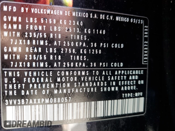 2023 Volkswagen Tiguan SE с VIN 3VV3B7AXXPM088057, выставлен на аукционе Copart как лот 49840355 с пробегом 21 405 миль миль и Списание • Salvage title. История ставок и продаж доступна на DreamBid. Изображение 14.