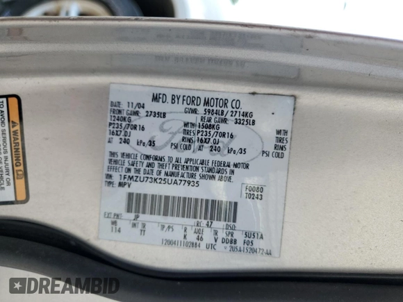 2005 Ford Explorer XLT with VIN 1FMZU73K25UA77935, listed as a Copart auction lot 60049375 with Not provided miles and Salvage title. Bid and sale history available at DreamBid. Image 13.