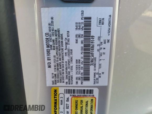 2019 Lincoln MKZ Standard with VIN 3LN6L5A91KR619149, listed as a Copart auction lot 42225465 with 46,869 mi miles and Salvage Title. Bid and sale history available at carsss.com. Image 12.