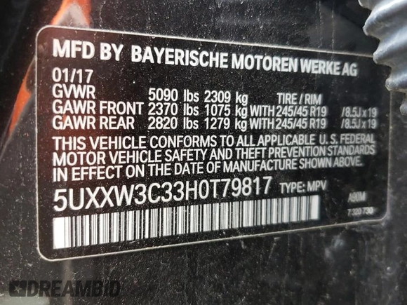 2017 BMW X4 xDrive28i with VIN 5UXXW3C33H0T79817, listed as a Copart auction lot 78091163 with 109,561 mi miles. Bid and sale history available at carsss.com. Image 15.
