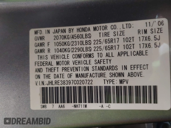 2007 Honda CR-V LX with VIN JHLRE38397C020722, listed as a IAAI auction lot 42100516 with 161,561 mi miles. Bid and sale history available at carsss.com. Image 9.