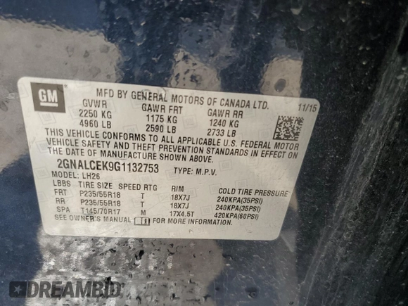 2016 Chevrolet Equinox LT with VIN 2GNALCEK9G1132753, listed as a Copart auction lot 52354255 with 128,899 mi miles and Non Repairable. Bid and sale history available at carsss.com. Image 13.