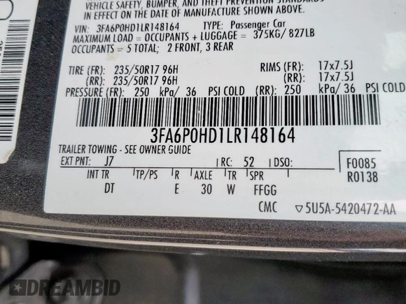 2020 Ford Fusion SE with VIN 3FA6P0HD1LR148164, listed as a Copart auction lot 46364045 with 78,497 mi miles and Salvage Title. Bid and sale history available at DreamBid. Image 12.