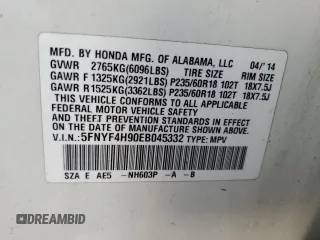 2014 Honda Pilot Touring with VIN 5FNYF4H90EB045332, listed as a Copart auction lot 84977584 with 120,248 mi miles and Salvage Title. Bid and sale history available at DreamBid. Image 13.