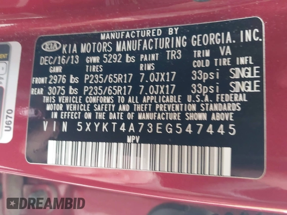 2014 Kia Sorento LX z VIN 5XYKT4A73EG547445, wystawiony jako IAAI lot #42277363 z przebiegiem 76 026 mil mil oraz . Historia ofert i sprzedaży dostępna na DreamBid. Obrazek 9.