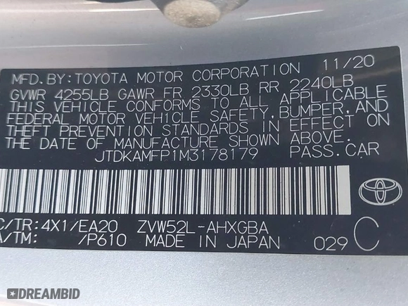 2021 Toyota Prius Prime LE with VIN JTDKAMFP1M3178179, listed as a IAAI auction lot 41233411 with 83,035 mi miles. Bid and sale history available at carsss.com. Image 9.