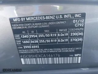 2012 Mercedes-Benz R-Class R 350 with VIN 4JGCB5HEXCA146176, listed as a IAAI auction lot 41442159 with 120,922 mi miles. Bid and sale history available at carsss.com. Image 9.