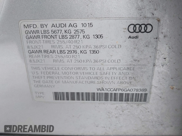 2016 Audi SQ5 Premium Plus with VIN WA1CCAFP6GA078389, listed as a IAAI auction lot 41315181 with 153,918 mi miles. Bid and sale history available at carsss.com. Image 9.