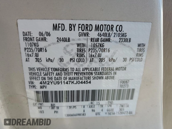 2007 Mercury Mariner Luxury with VIN 4M2YU91147KJ04454, listed as a Copart auction lot 49666005 with 198,627 mi miles and Salvage title. Bid and sale history available at DreamBid. Image 15.