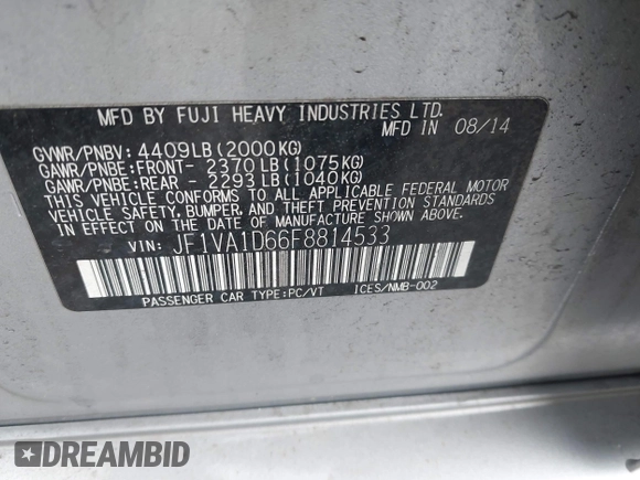 2015 Subaru WRX Premium with VIN JF1VA1D66F8814533, listed as a IAAI auction lot 42587359 with 86,279 mi miles and . Bid and sale history available at DreamBid. Image 9.