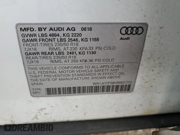 2017 Audi Q3 Premium Plus z VIN WA1JCCFS6HR001712, wystawiony jako Copart lot #49235865 z przebiegiem 17 383 mil mil oraz Szkoda całkowita • Salvage title. Historia ofert i sprzedaży dostępna na DreamBid. Obrazek 13.