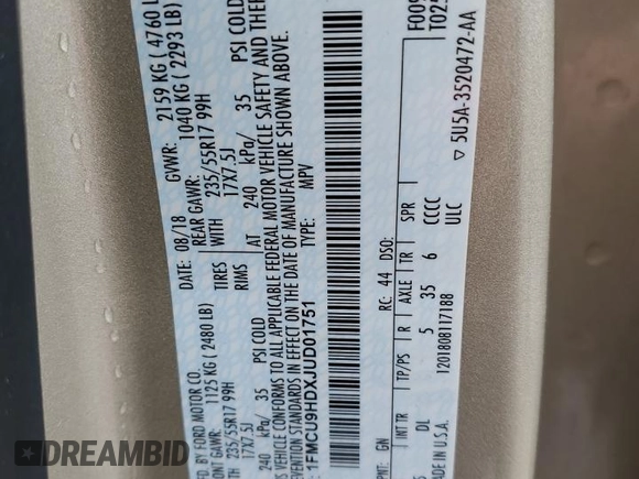 2018 Ford Escape SEL with VIN 1FMCU9HDXJUD01751, listed as a Copart auction lot 51051245 with 153,461 mi miles and Salvage Title. Bid and sale history available at carsss.com. Image 13.