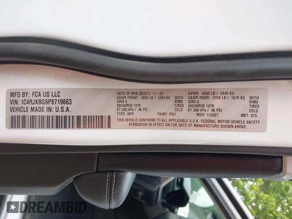 2023 Jeep Grand Cherokee Limited с VIN 1C4RJKBG6P8719663, выставлен на аукционе IAAI как лот 42480179 с пробегом 58 415 миль миль и . История ставок и продаж доступна на DreamBid. Изображение 9.