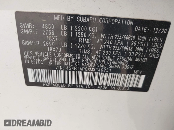 2021 Subaru Outback Touring with VIN 4S4BTAPCXM3146251, listed as a IAAI auction lot 42381903 with 82,370 mi miles and . Bid and sale history available at DreamBid. Image 9.