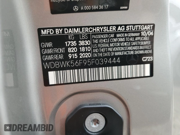2005 Mercedes-Benz SLK 230/320 z VIN WDBWK56F95F039444, wystawiony jako Copart lot #59275854 z przebiegiem 100 681 mil mil oraz Szkoda całkowita • Salvage title. Historia ofert i sprzedaży dostępna na DreamBid. Obrazek 13.