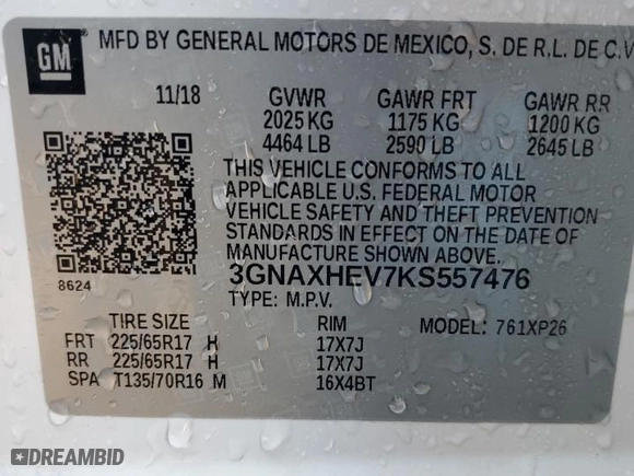 2019 Chevrolet Equinox LS with VIN 3GNAXHEV7KS557476, listed as a Copart auction lot 88718965 with 81,794 mi miles and Salvage Title. Bid and sale history available at carsss.com. Image 13.