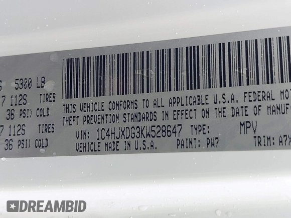 2019 Jeep Wrangler Unlimited Sport Altitude with VIN 1C4HJXDG3KW528647, listed as a IAAI auction lot 40986538 with 85,381 mi miles and . Bid and sale history available at DreamBid. Image 9.