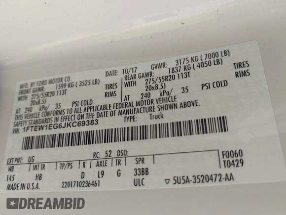 2018 Ford F-150 XL with VIN 1FTEW1EG6JKC69383, listed as a IAAI auction lot 41602736 with 96,879 mi miles and . Bid and sale history available at DreamBid. Image 9.