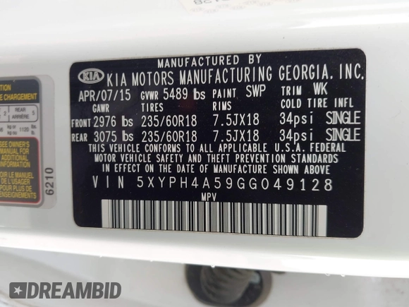 2016 Kia Sorento EX with VIN 5XYPH4A59GG049128, listed as a IAAI auction lot 41748855 with 145,409 mi miles. Bid and sale history available at carsss.com. Image 9.