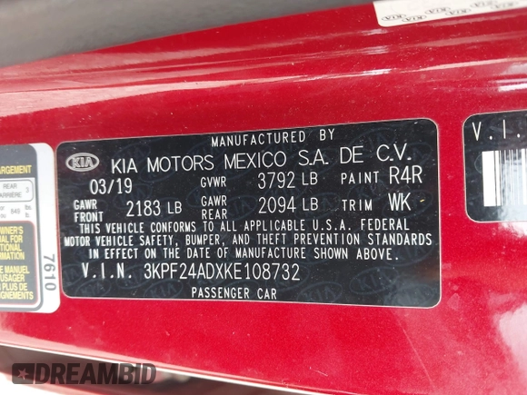 2019 Kia Forte LXS with VIN 3KPF24ADXKE108732, listed as a IAAI auction lot 42310809 with 57,748 mi miles and . Bid and sale history available at DreamBid. Image 9.