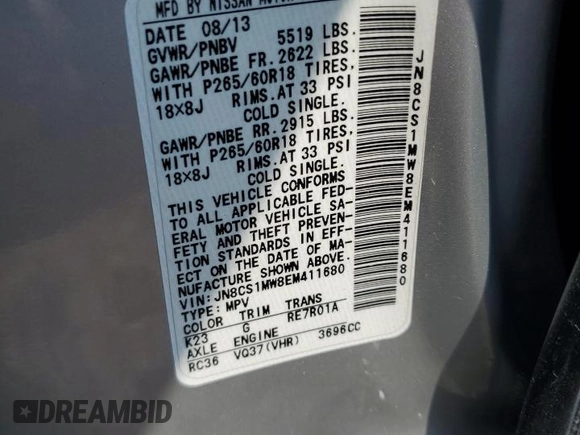 2014 Infiniti QX70 with VIN JN8CS1MW8EM411680, listed as a Copart auction lot 60350065 with 124,245 mi miles and Salvage title. Bid and sale history available at DreamBid. Image 13.