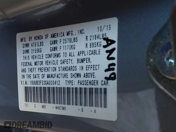 2016 Acura TLX Technology with VIN 19UUB3F52GA000412, listed as a IAAI auction lot 42392269 with 178,201 mi miles and . Bid and sale history available at DreamBid. Image 9.