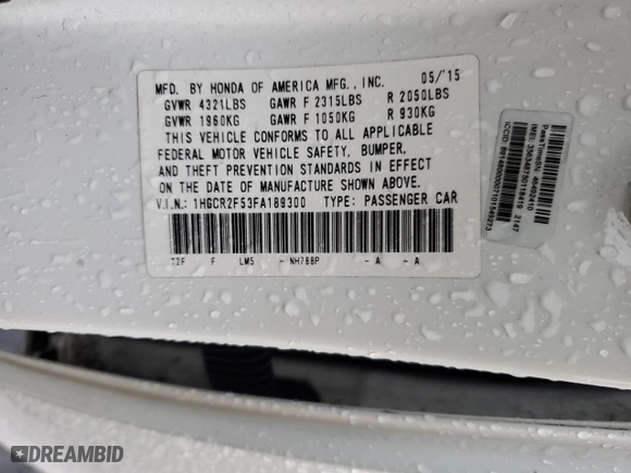 2015 Honda Accord Sedan Sport with VIN 1HGCR2F53FA189300, listed as a Copart auction lot 45384485 with 199,309 mi miles and Salvage Title. Bid and sale history available at carsss.com. Image 14.