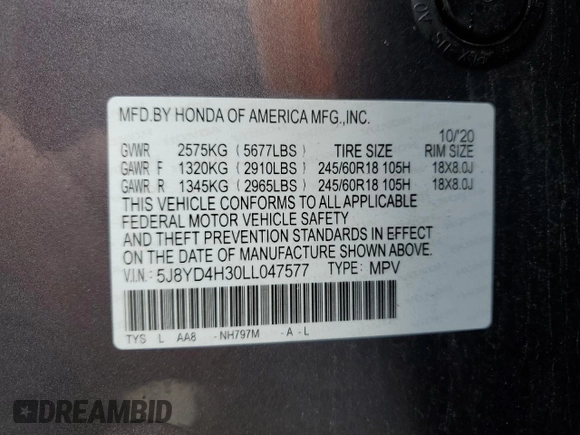 2020 Acura MDX with VIN 5J8YD4H30LL047577, listed as a Copart auction lot 56914475 with 51,933 mi miles and Salvage title. Bid and sale history available at DreamBid. Image 13.