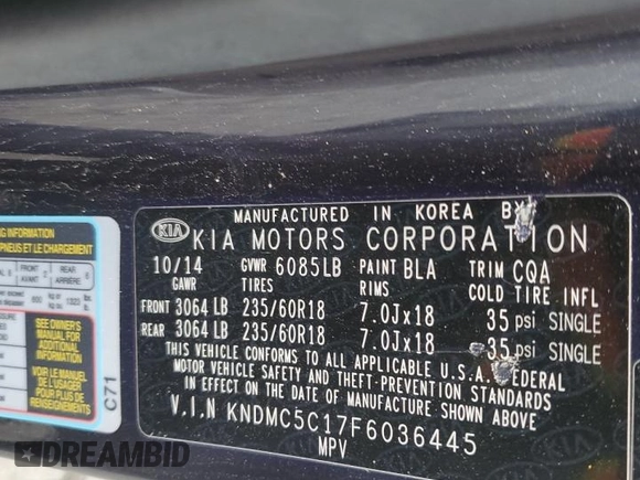 2015 Kia Sedona SX with VIN KNDMC5C17F6036445, listed as a Copart auction lot 43666375 with 143,470 mi miles and Clean Title. Bid and sale history available at carsss.com. Image 13.